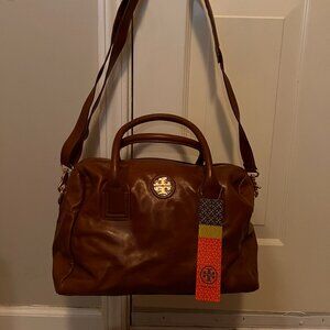 NWT Tory Burch City Satchel NEW Handbag Smoke Brown Leather Logo Crossbody